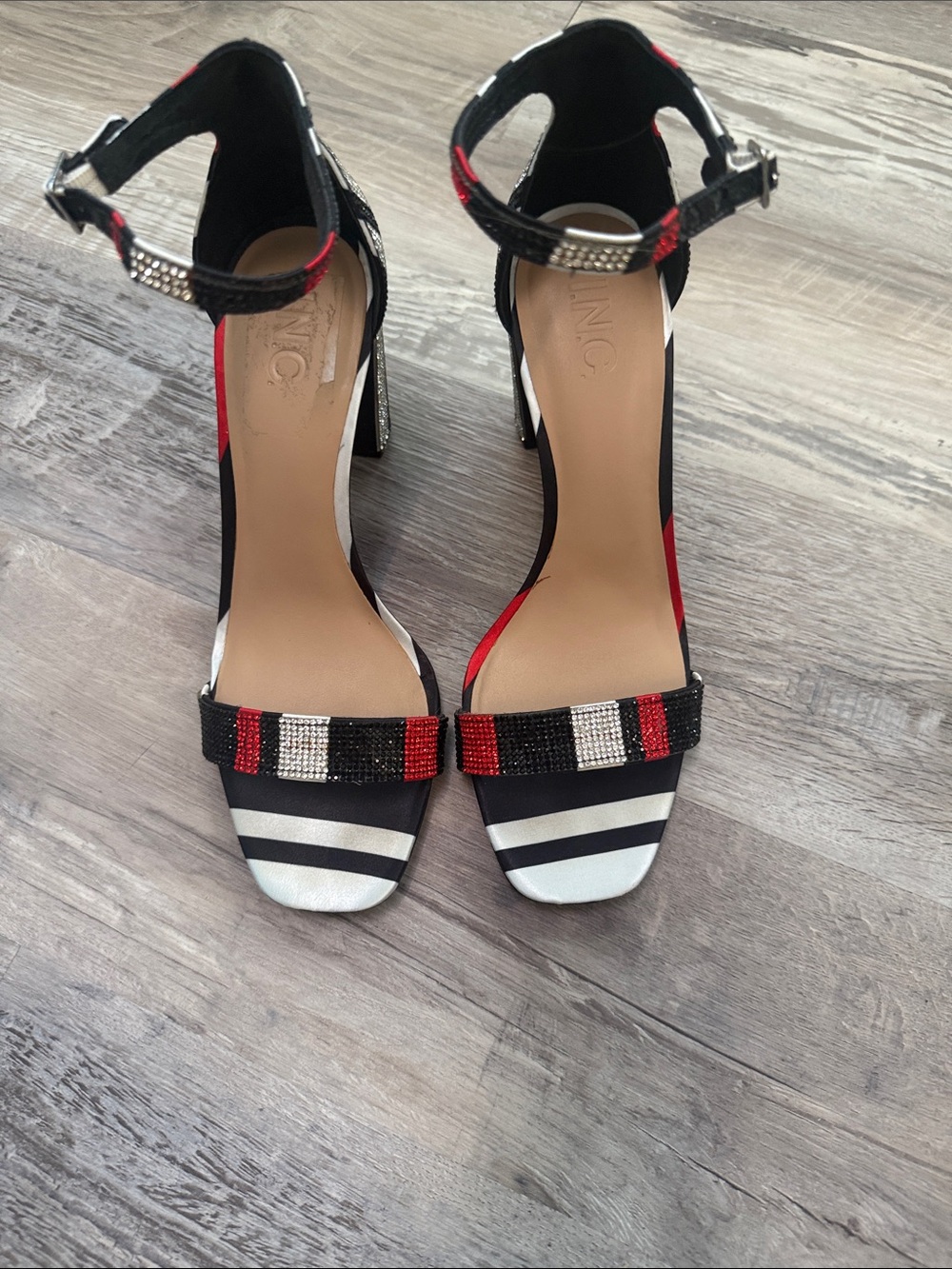 INC International Concepts Women's Black and Red Striped Ankle Strap Heels